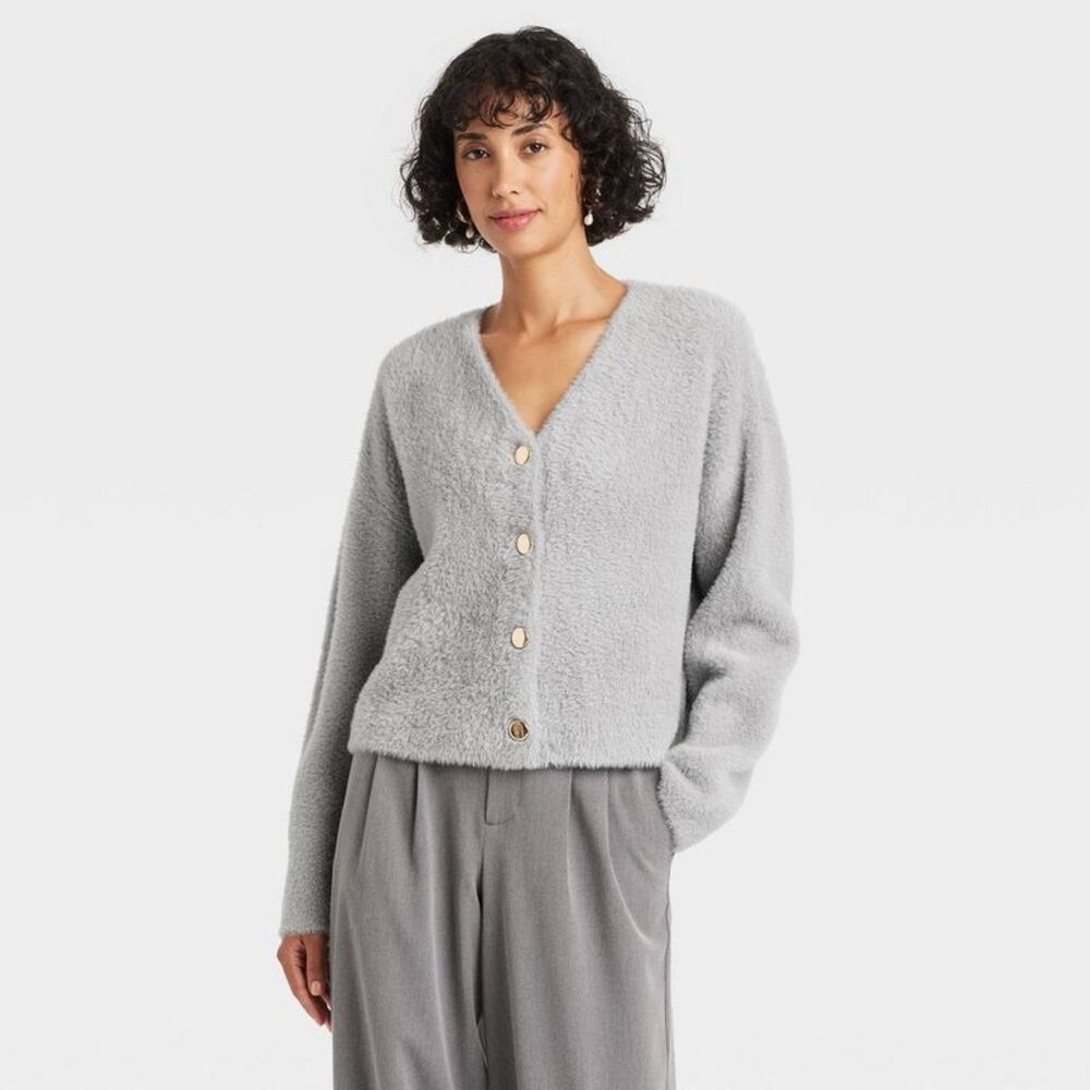 A New Day - Women's Fuzzy Party Cardigan Gray L